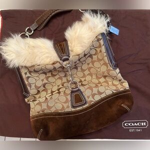 Authentic Coach Signature Fur Trim Handbag